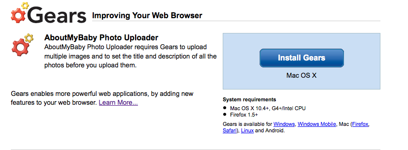 Screenshot of the first step of installing Gears.
