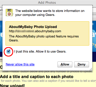 Screenshot of how to grant permission to Gears so that you can upload photos to your scrapbook.